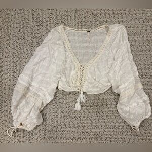 Free People Off White Textured Cropped Linen Blouse
